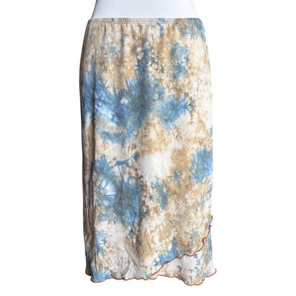 y2k blue and tan tie-dye midi skirt with lettuce hem